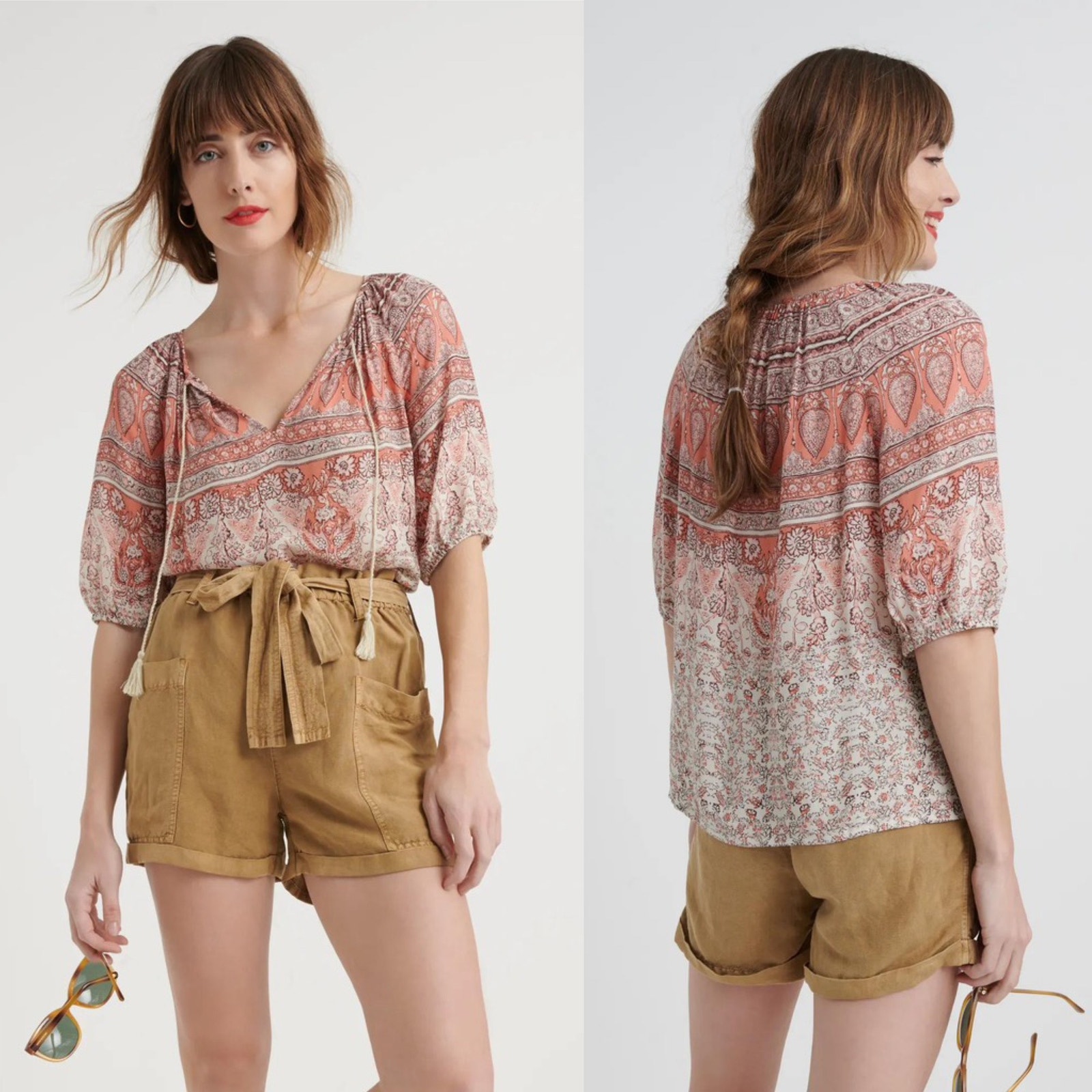 Lucky Brand Printed Kelly Peasant Top Size Small